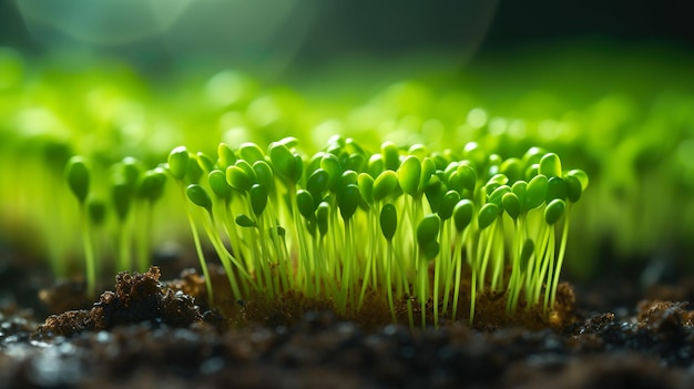 Crescita di piccole piante dal terreno con la luce solare AI generativa