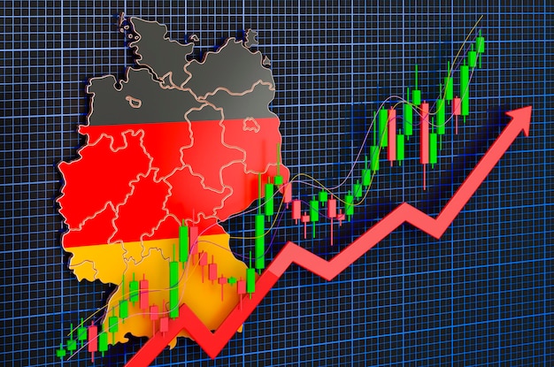 Crescita economica in Germania tendenza al rialzo concetto di mercato rendering 3D su sfondo blu scuro
