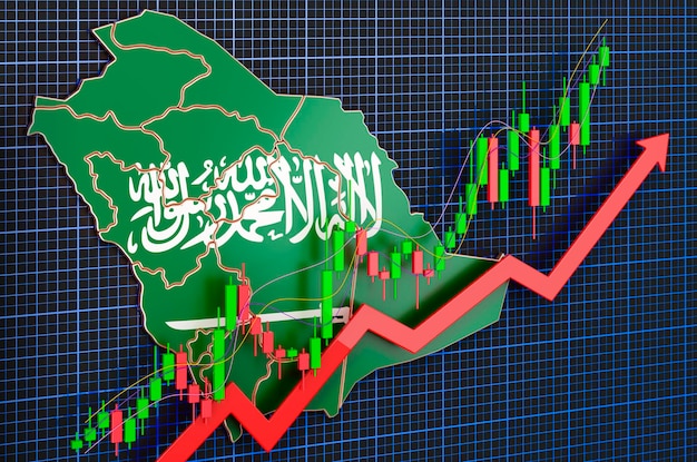 Crescita economica nel rendering 3D del concetto di mercato di tendenza rialzista dell'Arabia Saudita