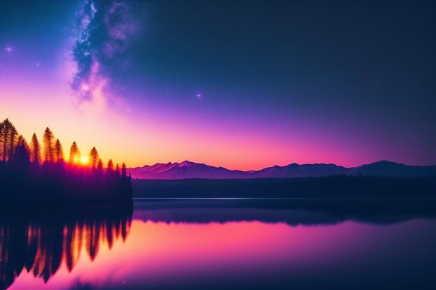 Cresta della foresta di montagna al mattino foschia vista panoramica alberi del lago e concetto di colore del tramonto