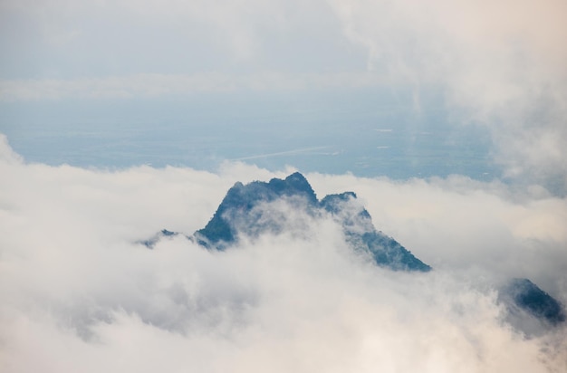 Cresta e nuvole della montagna nella foresta del cespuglio della giungla rurale