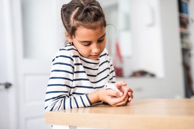 Criceto bianco comune tenuto per mano di una bambina felice