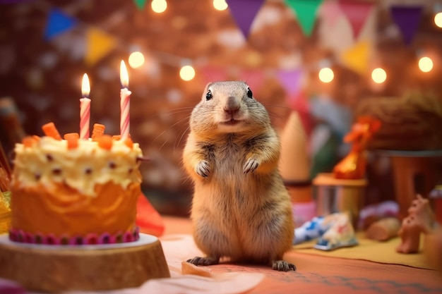 Criceto festivo e felice con torta e candele create con l'IA generativa