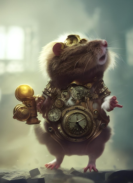 criceto in armatura da mago steampunk, composizione epica