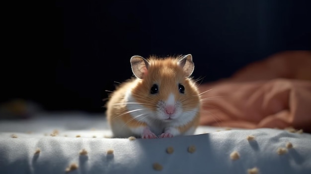 Criceto seduto su una superficie con illuminazione cinematografica servizio fotografico cinematografico simpatico criceto piccolo animale domestico