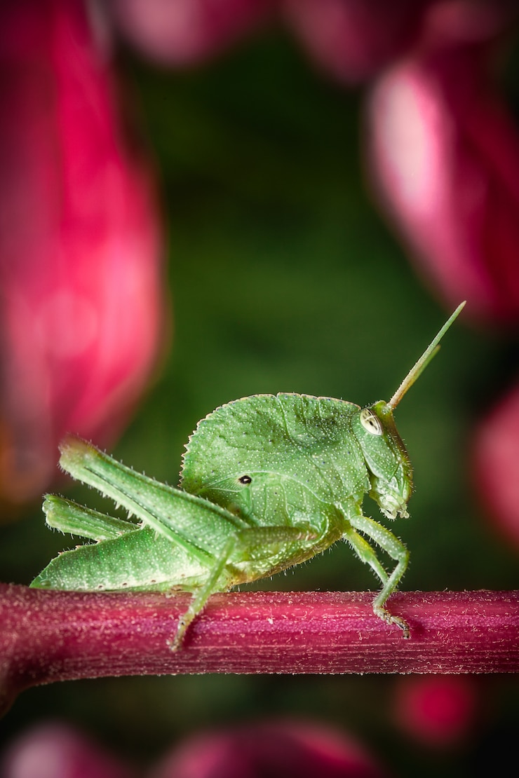 Foto cricket verde in piedi su una superficie di legno.