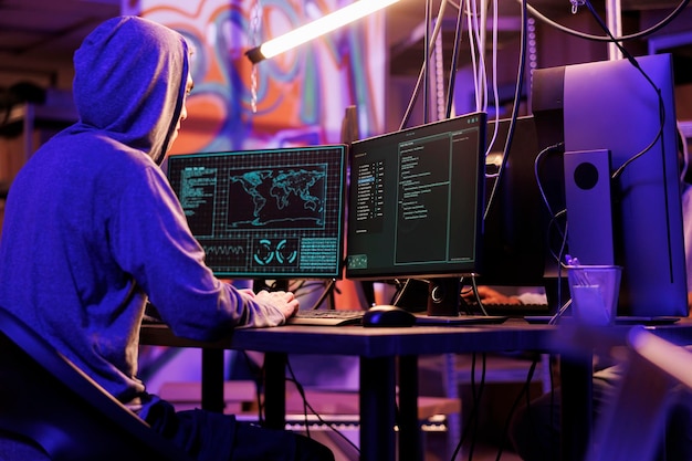 Criminale di Internet che ha hackerato il sistema di rete informatica e ha eseguito il codice ransomware sullo schermo Uomo con cappuccio che ha infranto la legge mentre ha ottenuto l'accesso illegale al server di database nel magazzino oscuro