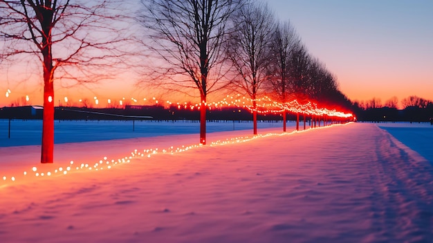 Crimson Twilight Winter Landscape with Red Road Lights Collection (Paesaggio invernale di crepuscolo carmine con luci stradali rosse)