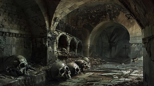 Cripta dimenticata contenente i resti di cavalieri morti da tempo Misticismo paranormale luogo inquietante polvere umidità teschi ossa non un'anima rovine struttura sotterranea paura Generativo da AI