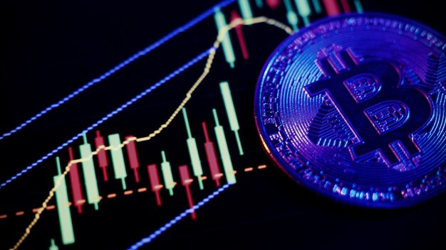 Criptovaluta Bitcoin e barra del grafico del mercato azionario. Criptovaluta. Crescita delle scorte di Bitcoin. Investire in risorse Crypto. Piattaforma di investimento con grafici e moneta bitcoin. Denaro digitale del mercato azionario.