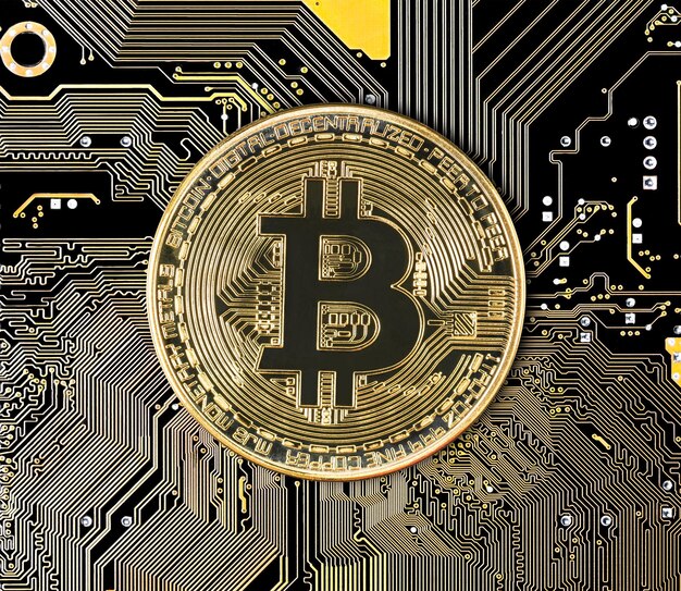 Criptovaluta moneta Bitcoin sul circuito stampato