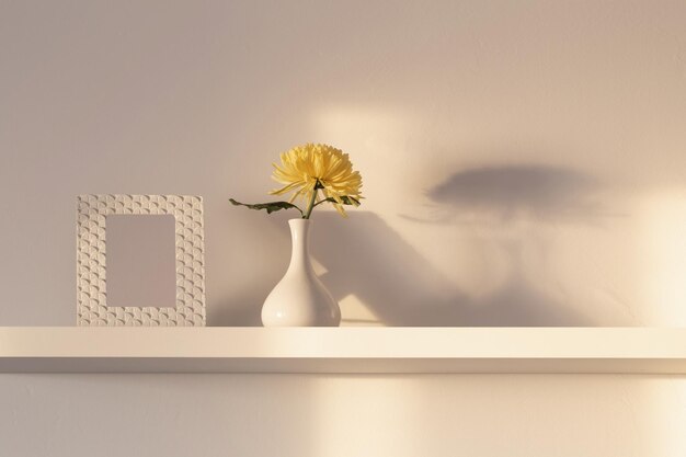 Crisantemo giallo in vaso e cornice su ripiano bianco su sfondo bianco