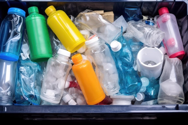 Crisi ambientale: cestini della spazzatura pieni di bottiglie di plastica