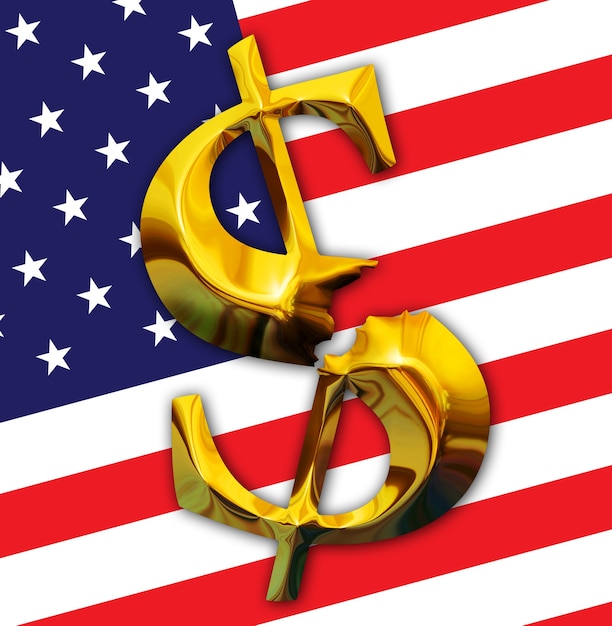 Crisi finanziaria. Dollaro d'oro rotto sullo sfondo della bandiera americana