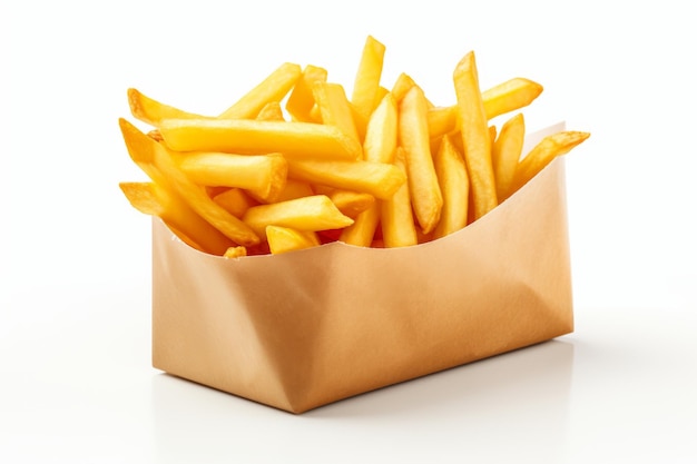 Crispy Classic French Fries in confezione di carta Delizioso spuntino su sfondo bianco per gli appassionati di cibo