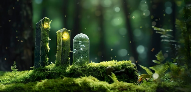 Cristalli con fasi lunari immagine di muschio in una foresta misteriosa sfondo naturale IA generativa