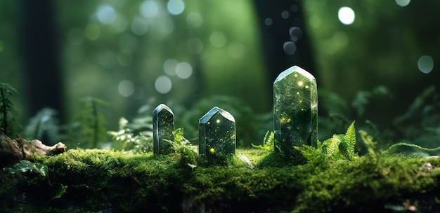 Cristalli con fasi lunari immagine di muschio in una misteriosa foresta sfondo naturale IA generativa