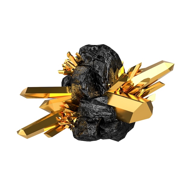 Cristalli d'oro astratti in vista prospettica del carbone elemento pepita d'oro isolato su sfondo bianco
