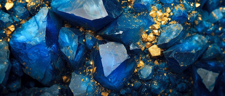 Foto cristalli di pietra blu marina sfondo testurato con particelle scintillanti luci dorate luccicanti dia