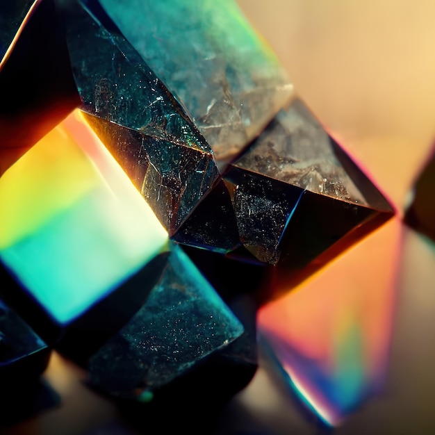 Cristalli di vetro e prismi con raggi dello spettro dei colori Illustrazione 3D di sfondo astratto con arte ottica
