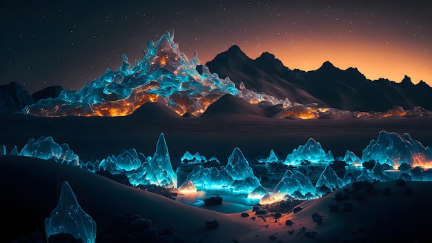 Cristallo alieno roccioso coperto pianeta notte paesaggio rete neurale arte generata