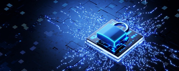 Crittografia a microchip Proteggi i tuoi dati Sicurezza informatica Protezione critica della CPU Concetto di protezione dei dati Protezione delle informazioni personali Internet per le imprese Rendering 3D