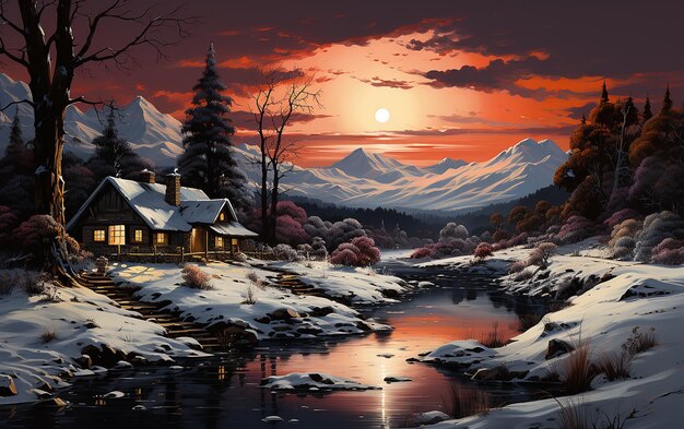 Croccante paesaggio invernale con cabina accogliente Fotorealismo estremo