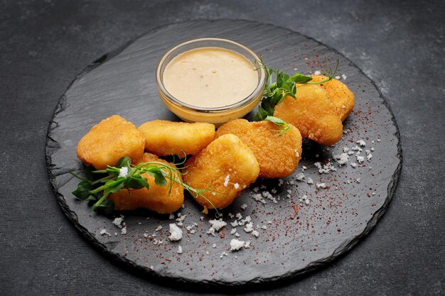 Crocchette fritte con salsa di pollo su cemento scuro