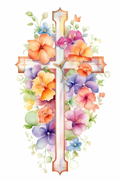 Croce ad acquerello con fiori Pasqua e illustrazione religiosa