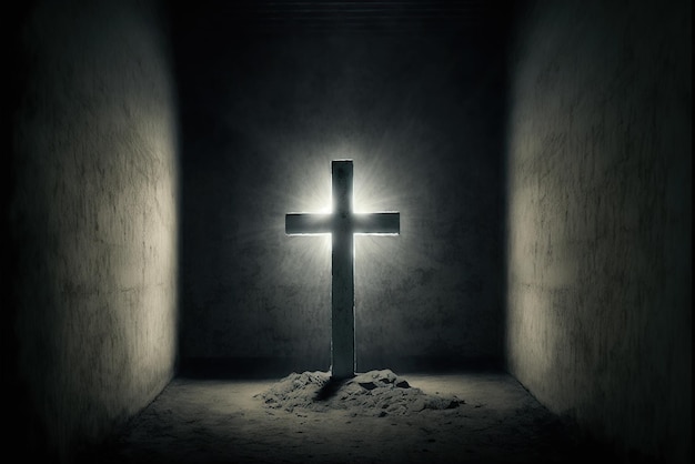 Croce cristiana con lampi di luce in una stanza come una tomba