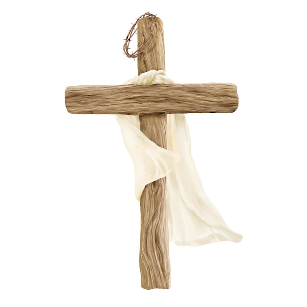 Croce cristiana in legno e corona di spine sulla croce Illustrazione digitale ad acquerello