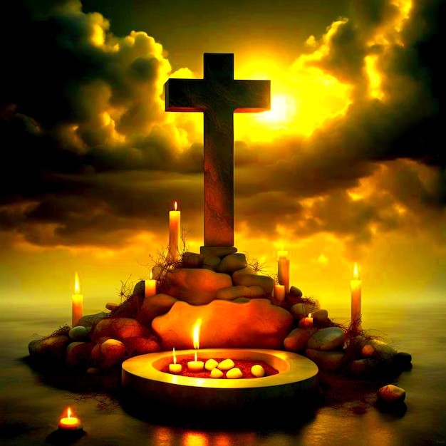 Croce cristiana in natura piccola tomba con pietre e candele accese su superficie scura realistica