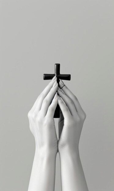 Croce cristiana nelle mani di un credente preghiera per la salvezza elegante fotografia in bianco e nero religione Gesù Cristo