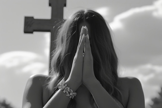 Croce cristiana nelle mani di un credente preghiera per la salvezza elegante fotografia in bianco e nero religione Gesù Cristo