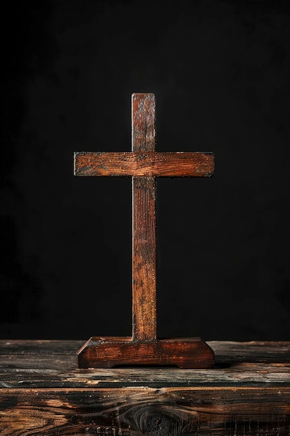 Croce cristiana su un tavolo di legno su uno sfondo nero