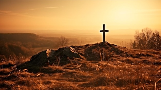 Croce della Settimana della Passione su una collina che simboleggia il sacrificio che soffre la risurrezione della morte e la passione di Gesù su uno sfondo luminoso del tramonto AI generativa