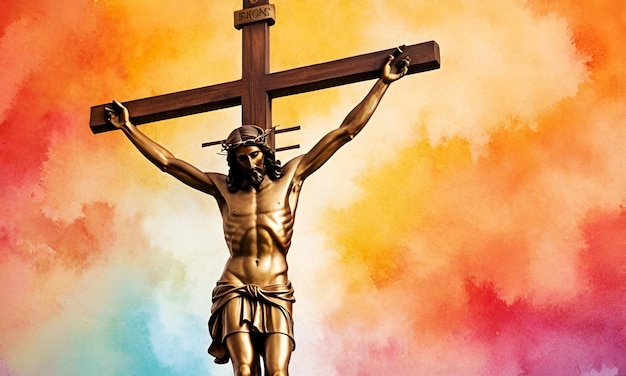 Croce di Gesù Cristo su una colorata illustrazione di sfondo ad acquerello