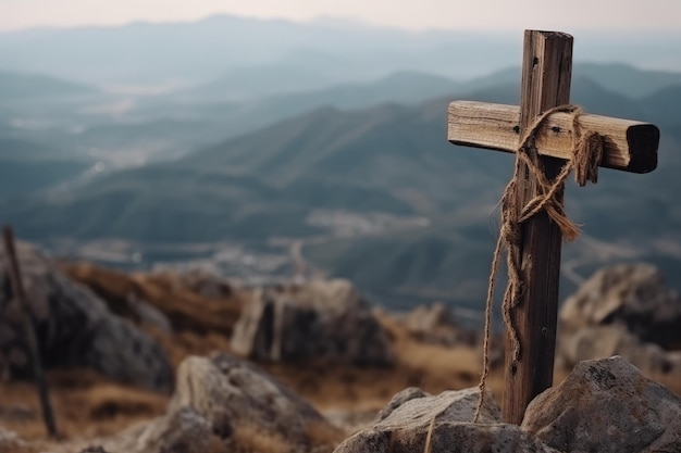 Croce di legno con funi in cima a una montagna ai generativa