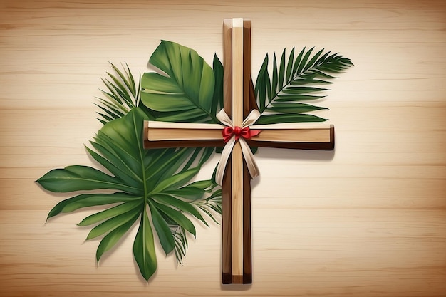 Croce di legno con nastro e foglie di palma