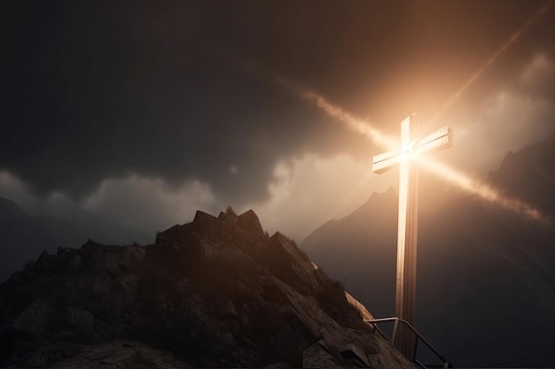 Croce di montagna nella riflessione del sole Santo cielo