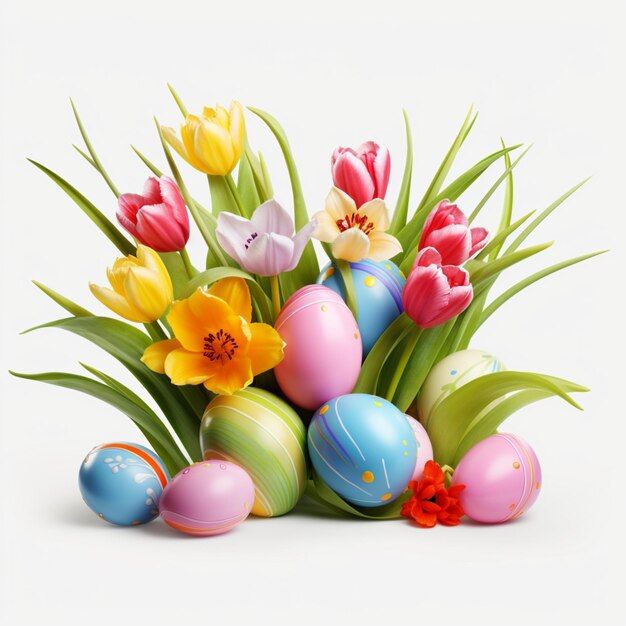 Croce di Pasqua decorativa con colorate uova di Pasqua e erba su sfondo bianco