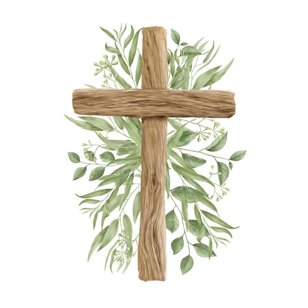 Croce di Pasqua in legno incorniciata con verde illustrazione digitale ad acquerello croce cristiana