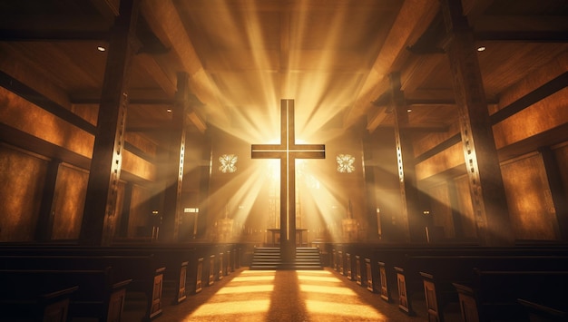 Croce in chiesa con raggi di luce con intelligenza artificiale generata