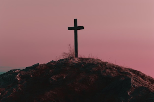 Croce in cima alla montagna Fuoco selettivo Bronzo scuro e rosa AI generato