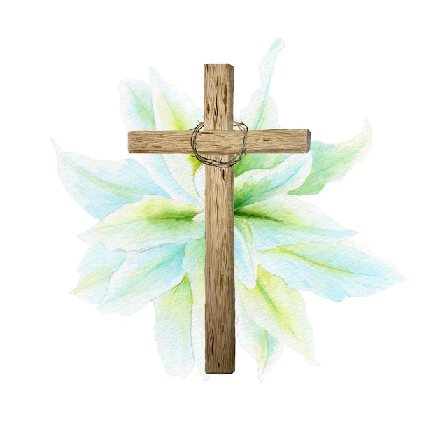 Croce in legno con corona di spine e giglio bianco composizione ad acquerello isolata su bianco Illustrazione perfetta per Pasqua Giovedì Santo battesimo battesimo carte di nozze adesivi decorazione