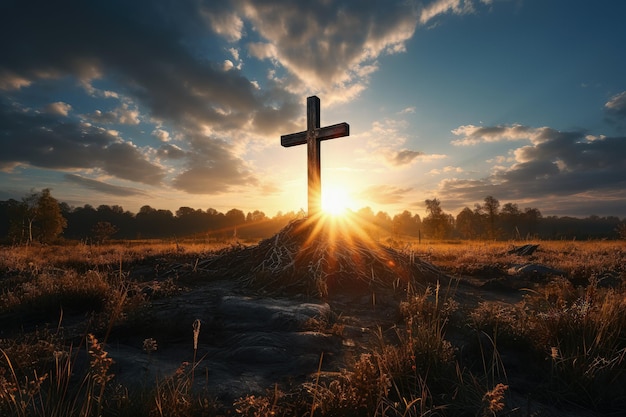 Croce religiosa o croce cristiana sullo sfondo del cielo mattutino