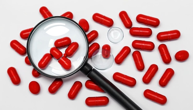 croce rossa fatta con pillole rosse e lente d'ingrandimento
