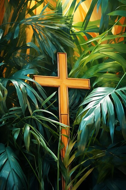 Croce sacra di bambù esotico e foglie di palma tropicale Decorati Croce Domenica delle Palme Foto Arte cristiana