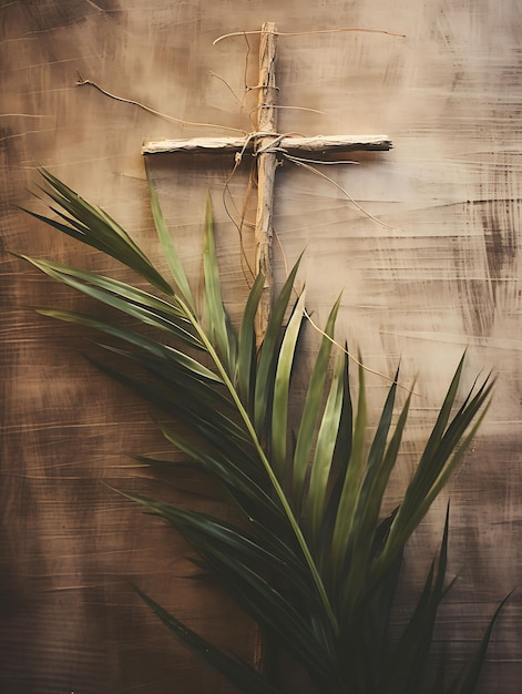 Croce sacra in legno rustico e decorazione di fronde di palma fresche Croce della Domenica delle Palme Foto Arte cristiana