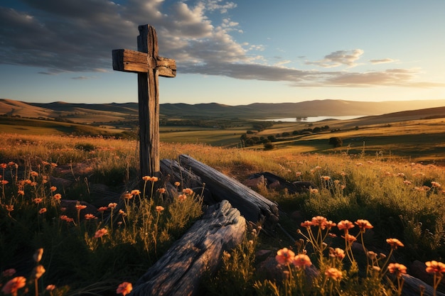 Croce solitaria in campo verde riflessione spirituale generativa IA